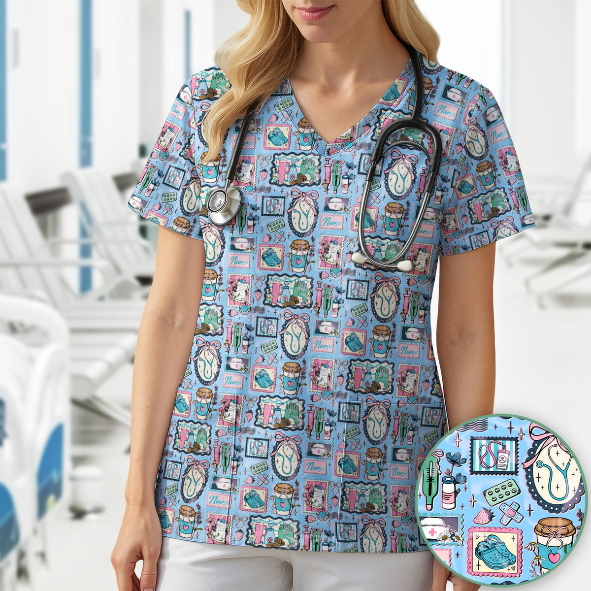 Stethoscope Syringe Frame Nurse Scrub Top