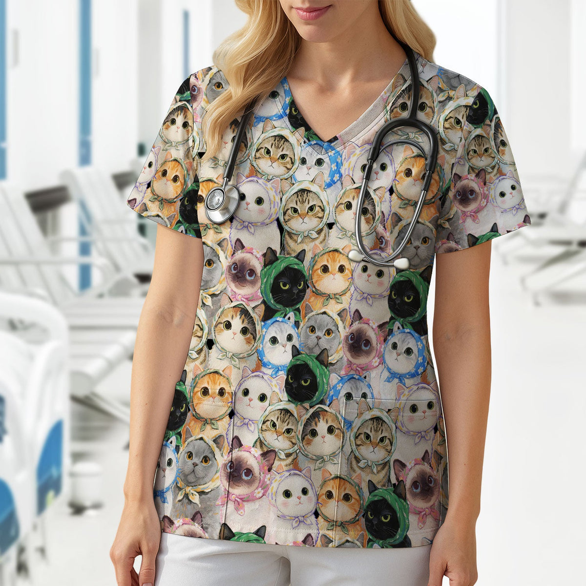 Adorable Multi Cat Portrait Nurse Scrub Top