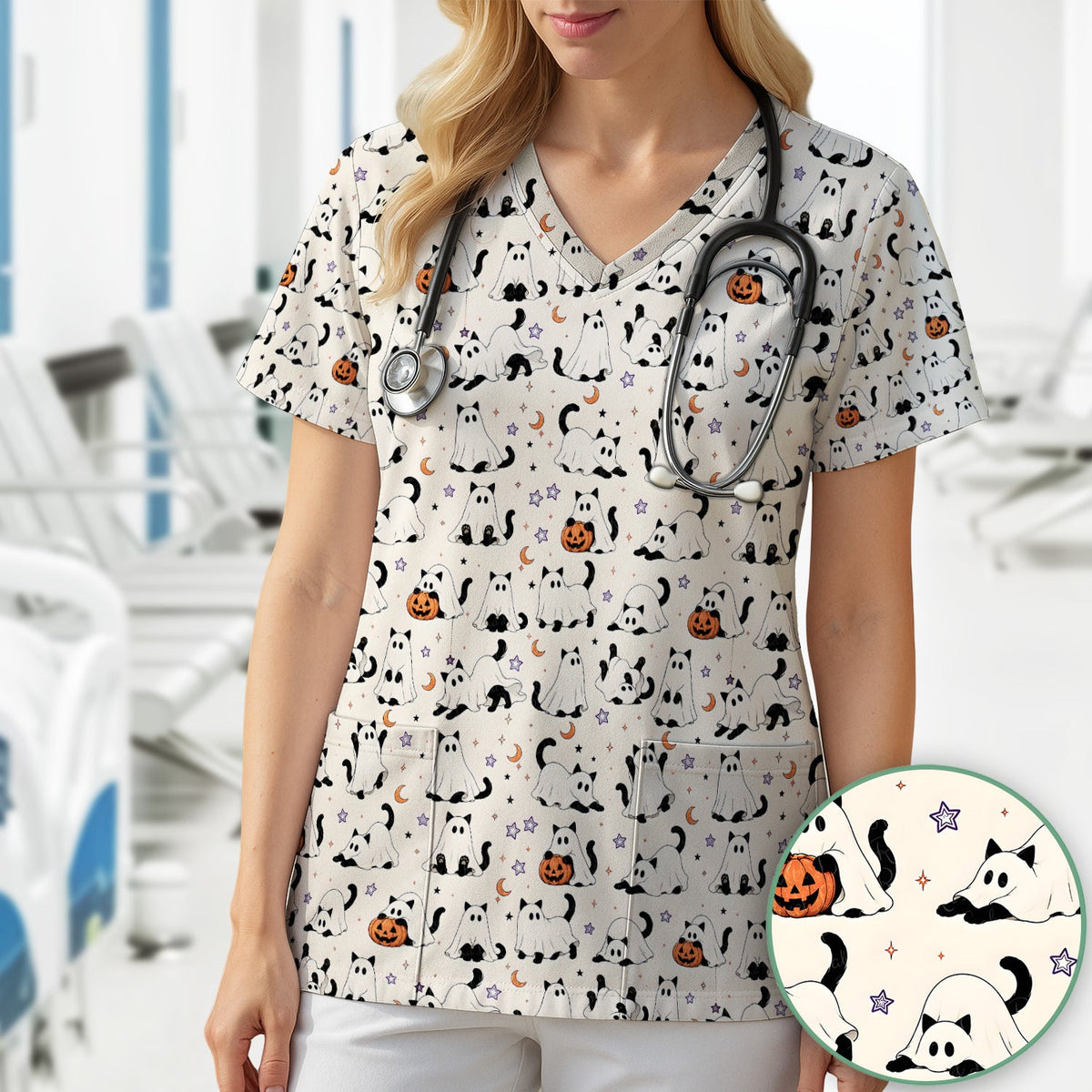 Ghost Cats Pumpkins Nurse Scrub Top - Halloween Gift