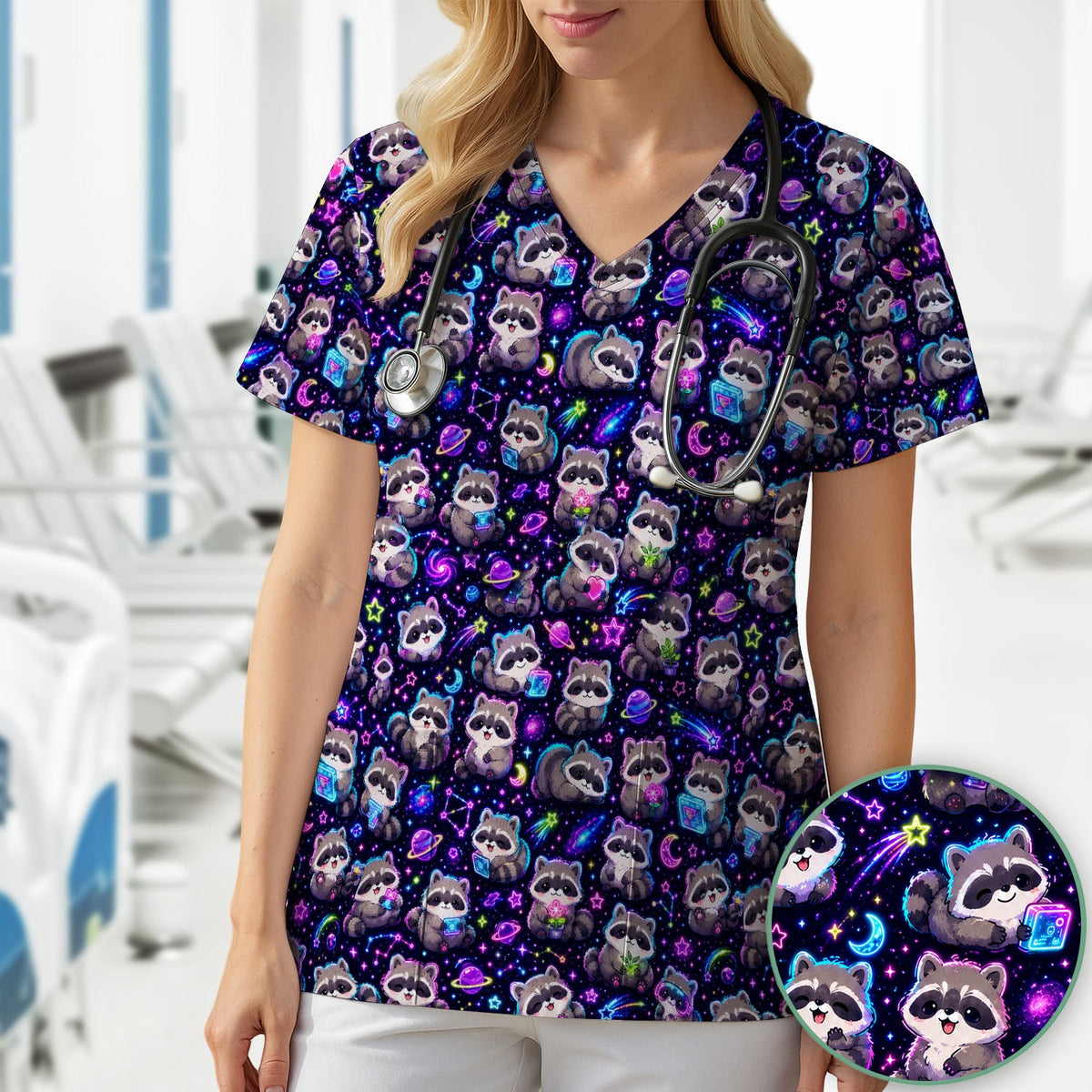 Neon Galaxy Raccoon Space Nurse Scrub Top