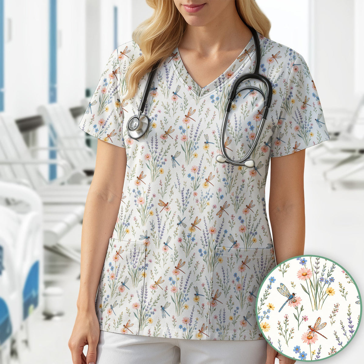 Dragonfly Wildflower Meadow Nurse Scrub Top