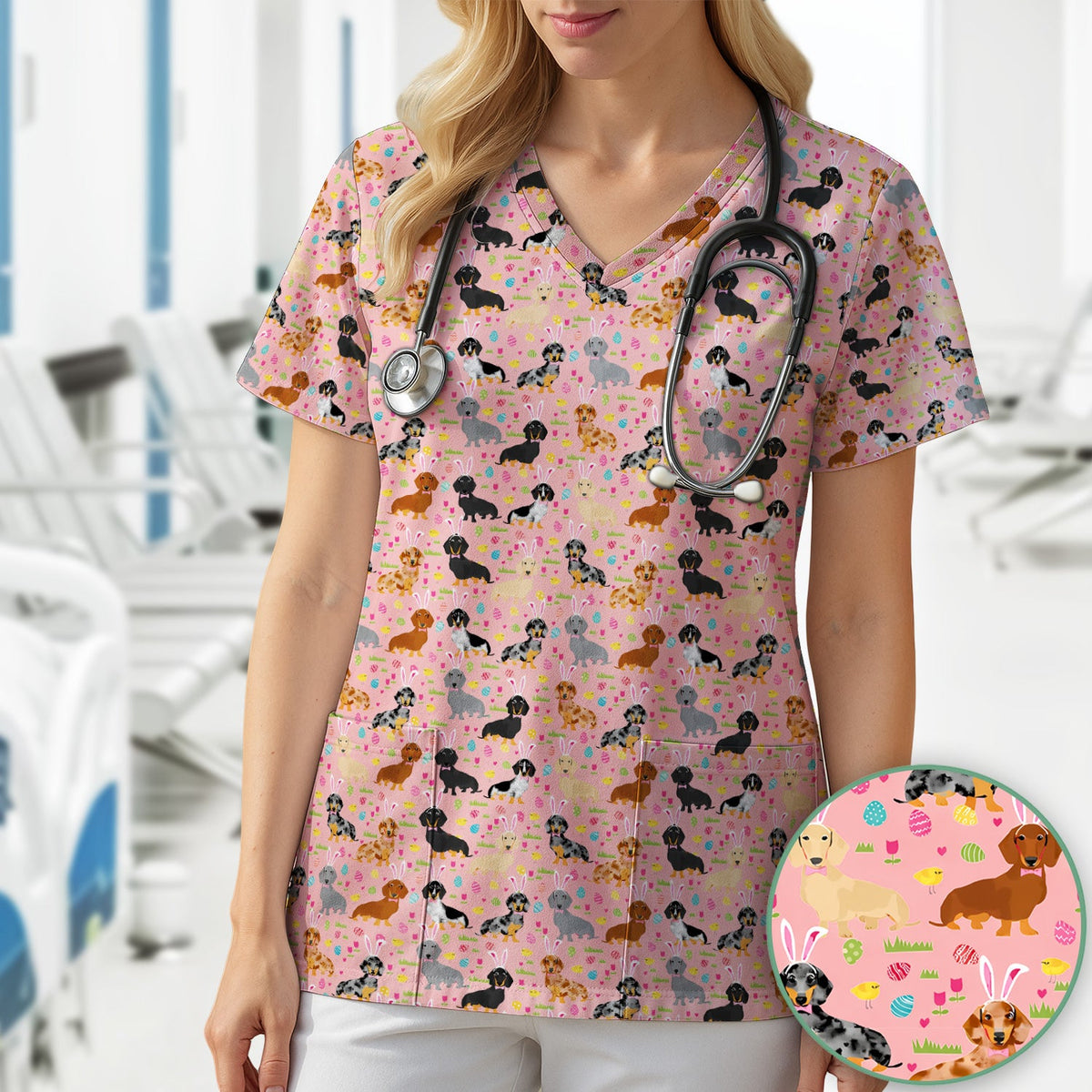 Dachshund Dog Nurse Scrub Top - Easter Gift