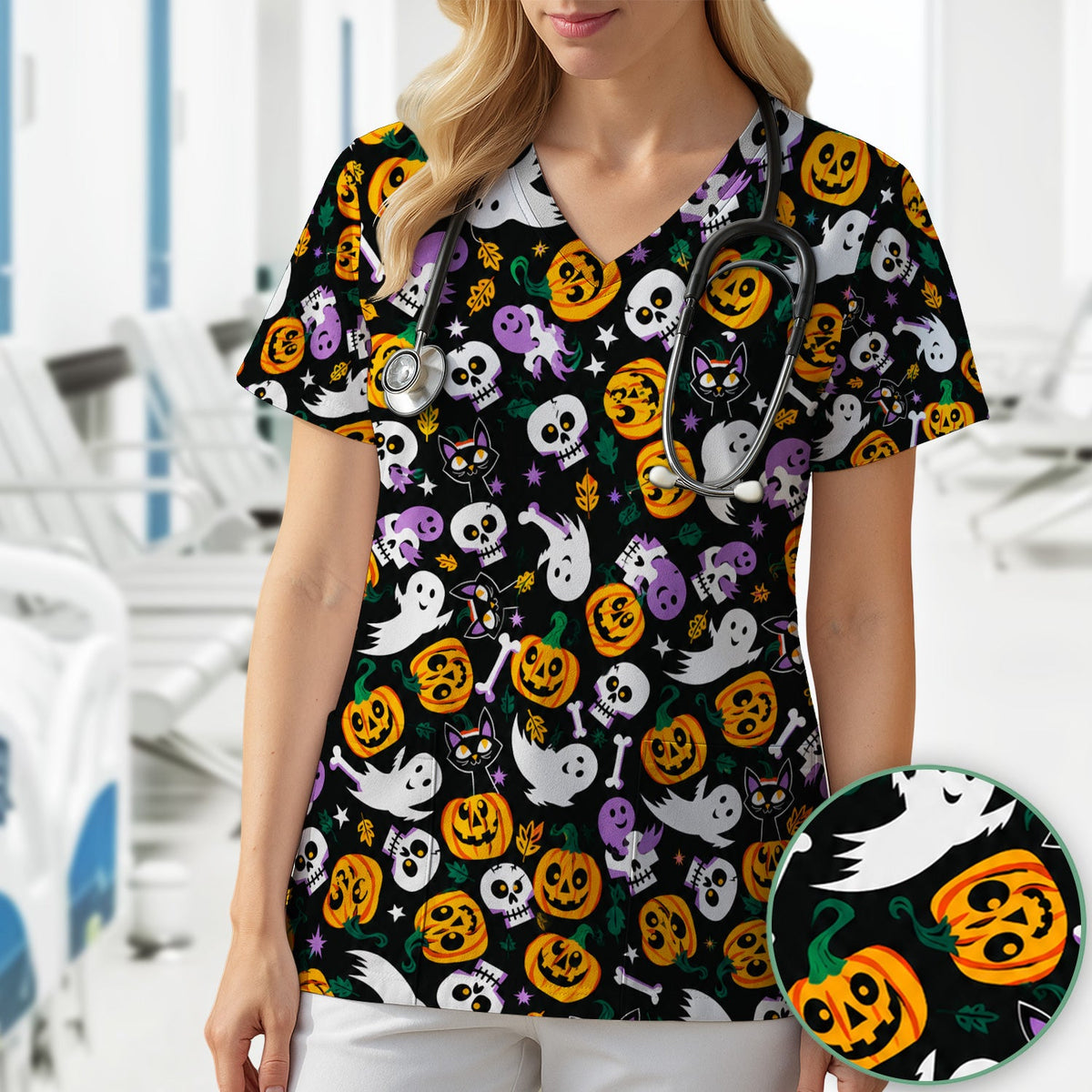 Spooky Pumpkin Ghost Print Nurse Scrub Top