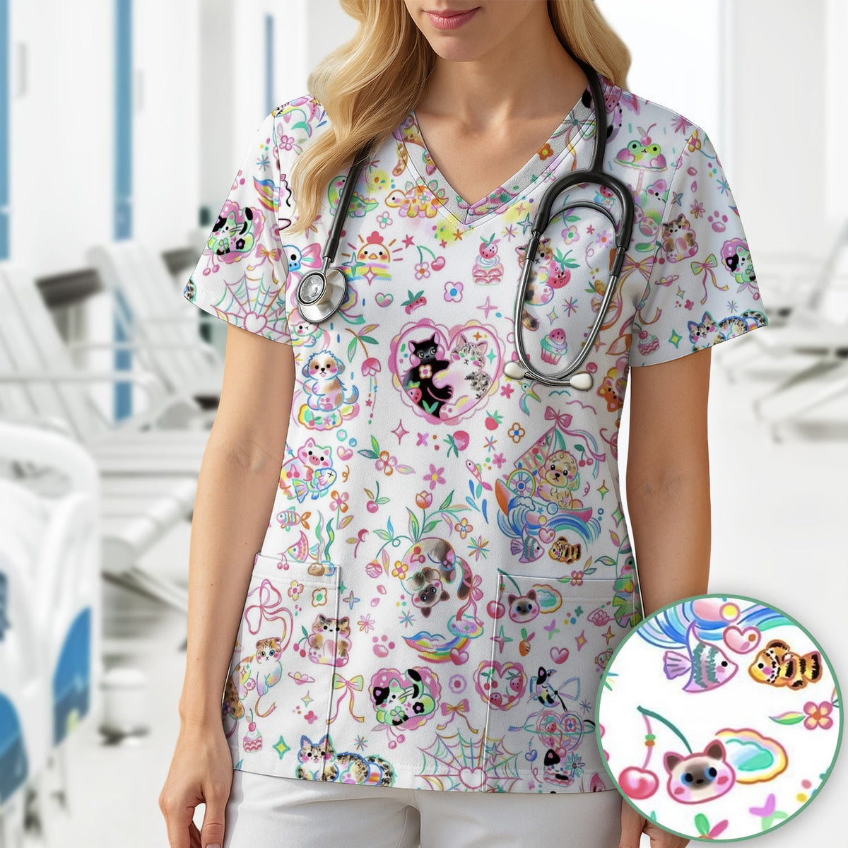 Kawaii Animal Rainbow Heart Nurse Scrub Top