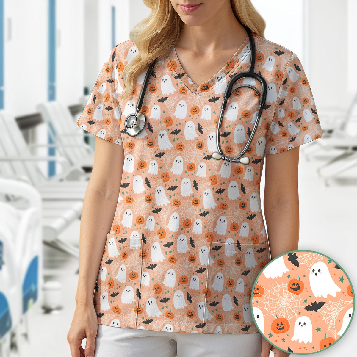 Halloween Ghost Pumpkin Nurse Scrub Top