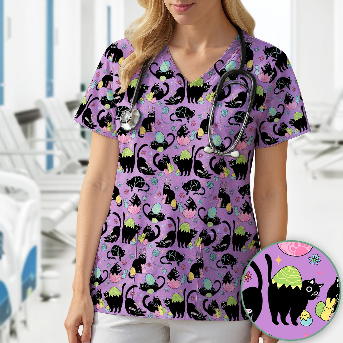 Black Cat Egg Nurse Scrub Top - Easter Gift