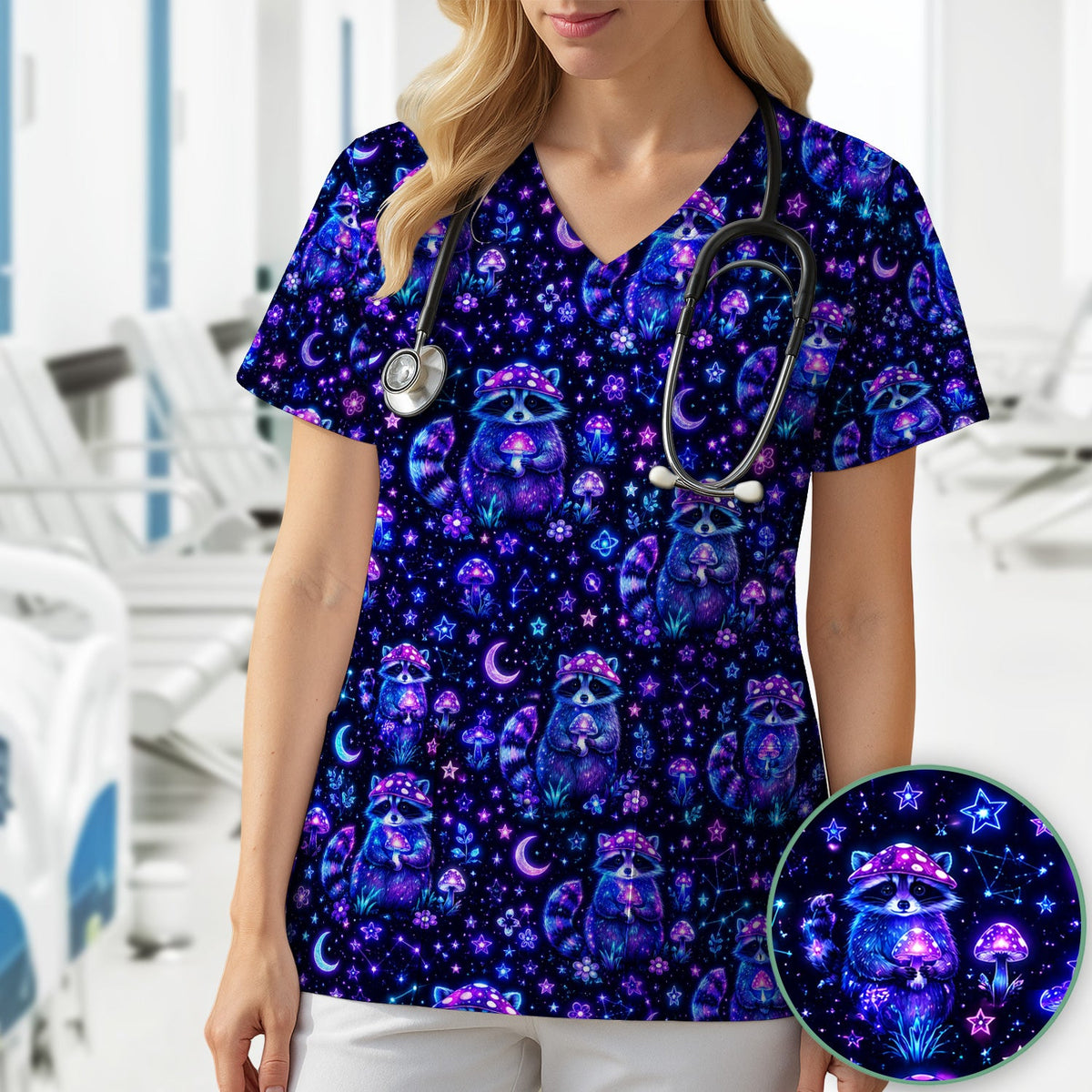 Neon Mushroom Raccoon Galaxy Nurse Scrub Top