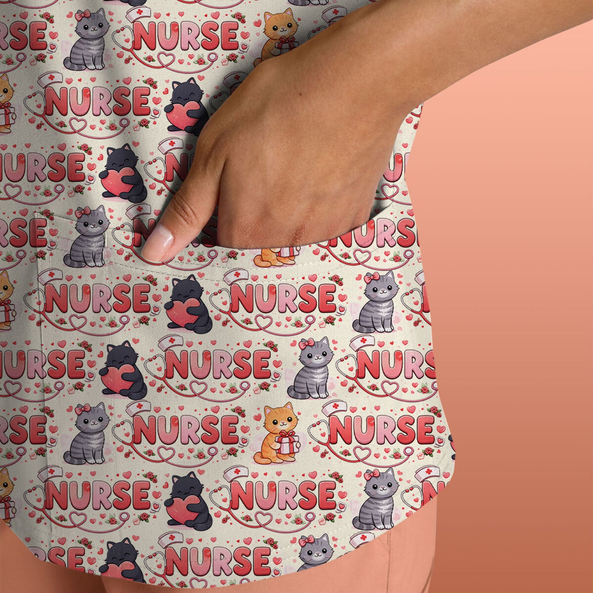 Cat Heart Nurse Scrub Top - Valentines Day Gift