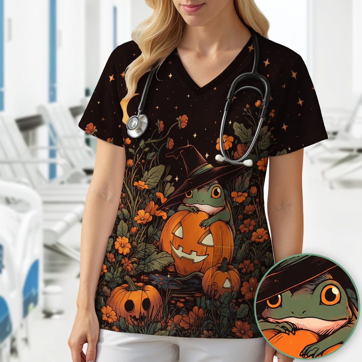 Pumpkin and Frog Nurse Scrub Top - Halloween Gift