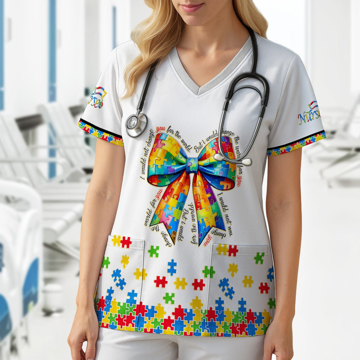 Autism Puzzle Bow Colorful Pieces Nurse Scrub Top
