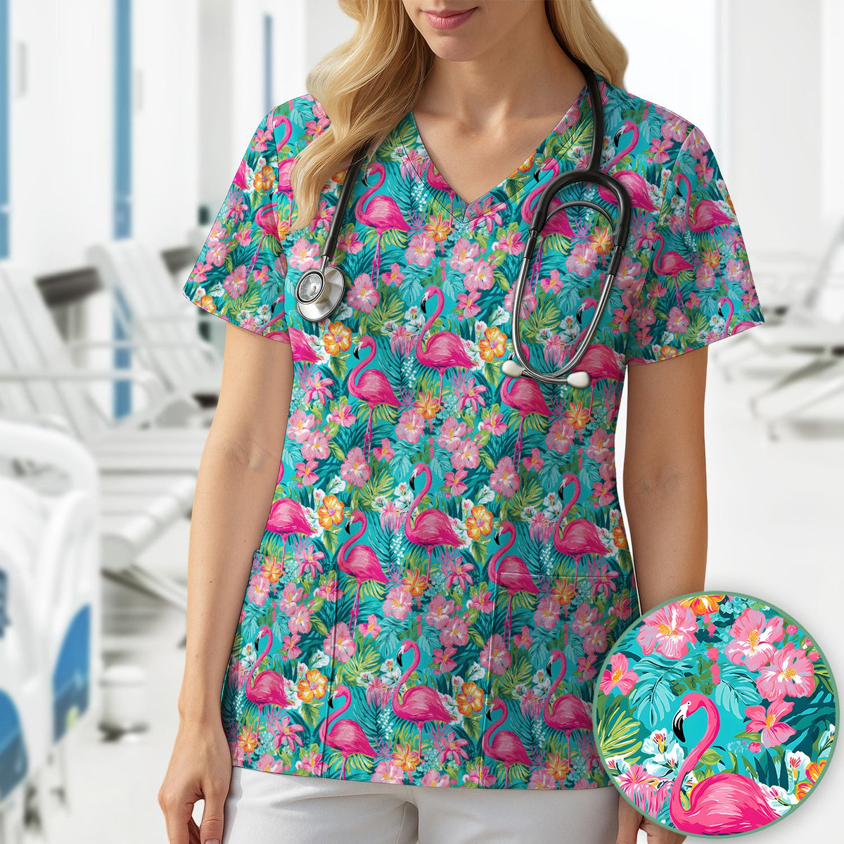 Tropical Flamingo Floral Nurse Scrub Top
