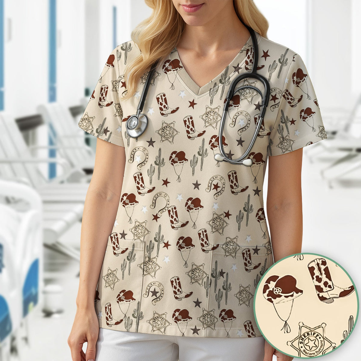 Cowboy Hats & Boots Nurse Scrub Top