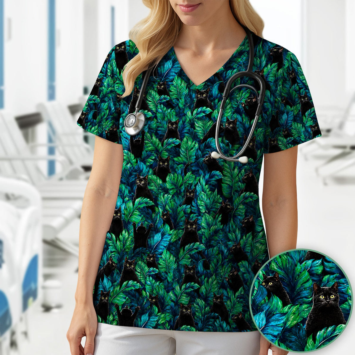 Black Cat Tropical Jungle Nurse Scrub Top