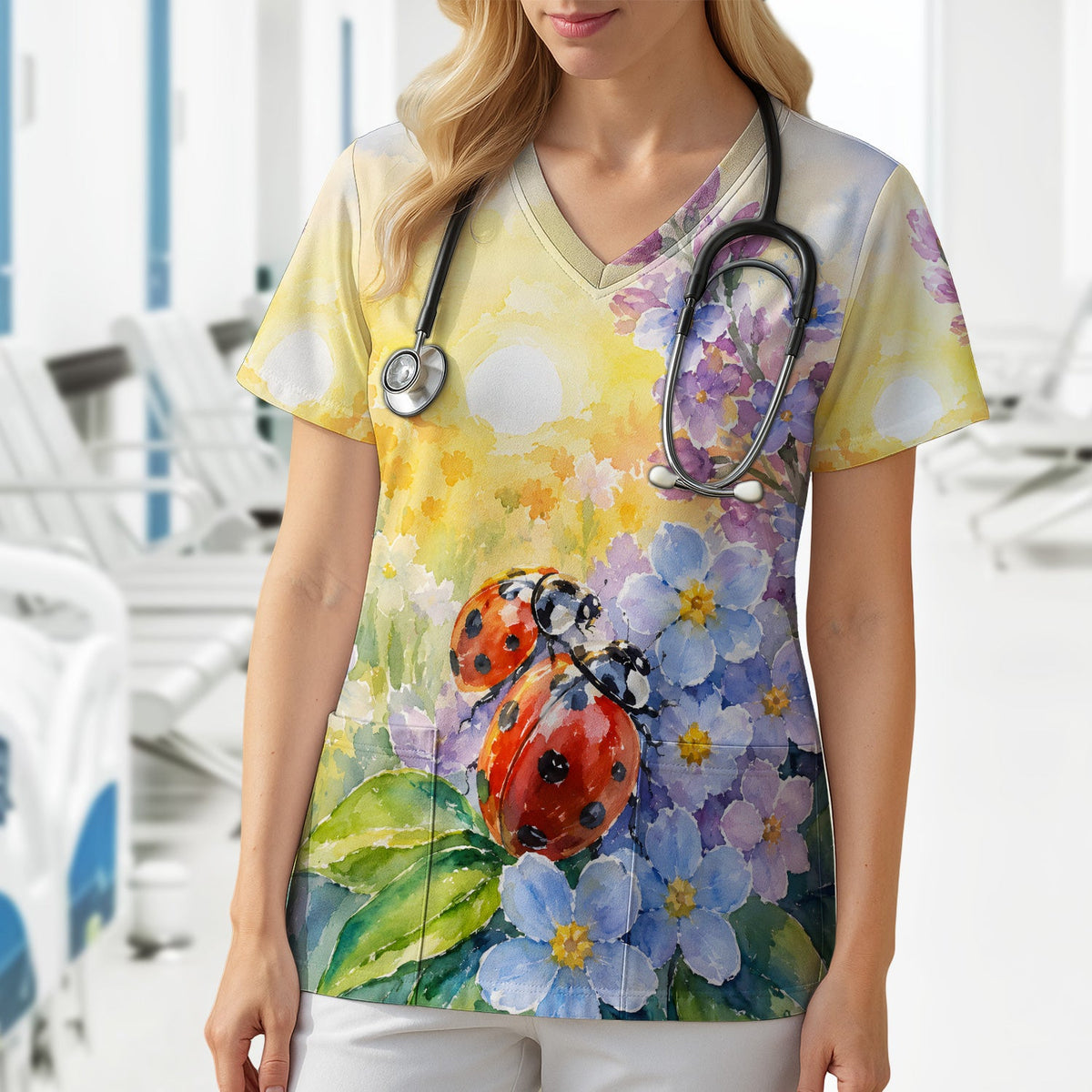 Ladybug Spring Flower Garden Nurse Scrub Top