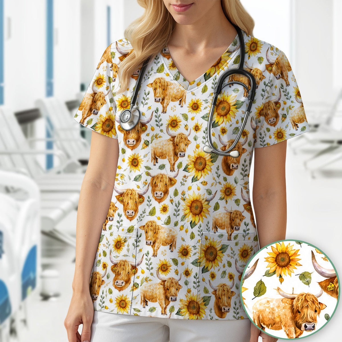 Highland Cow Sunflower Pattern Nurse Scrub Top