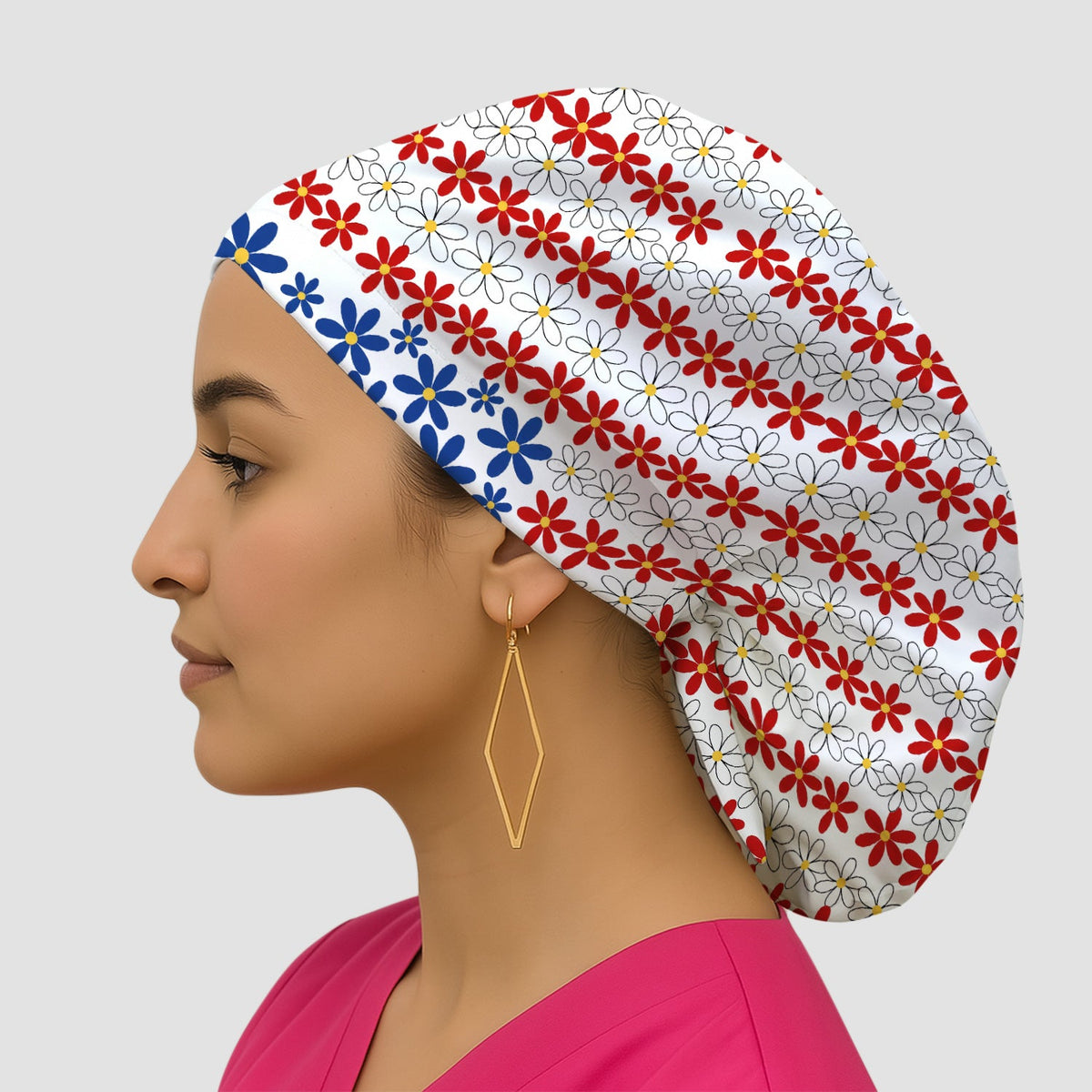 Retro Red Blue Daisy Scrub Cap