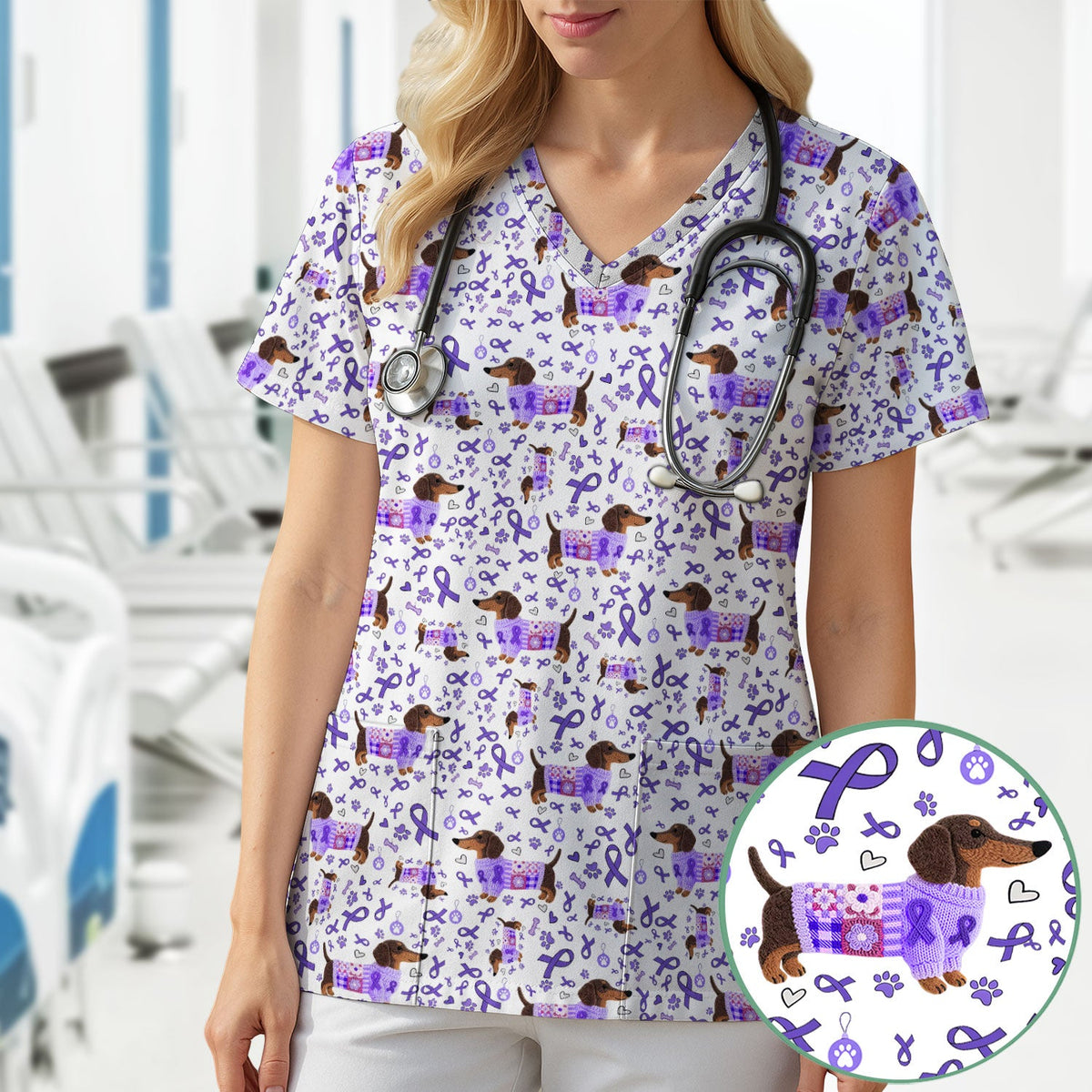 Purple Ribbon Dachshund Nurse Scrub Top