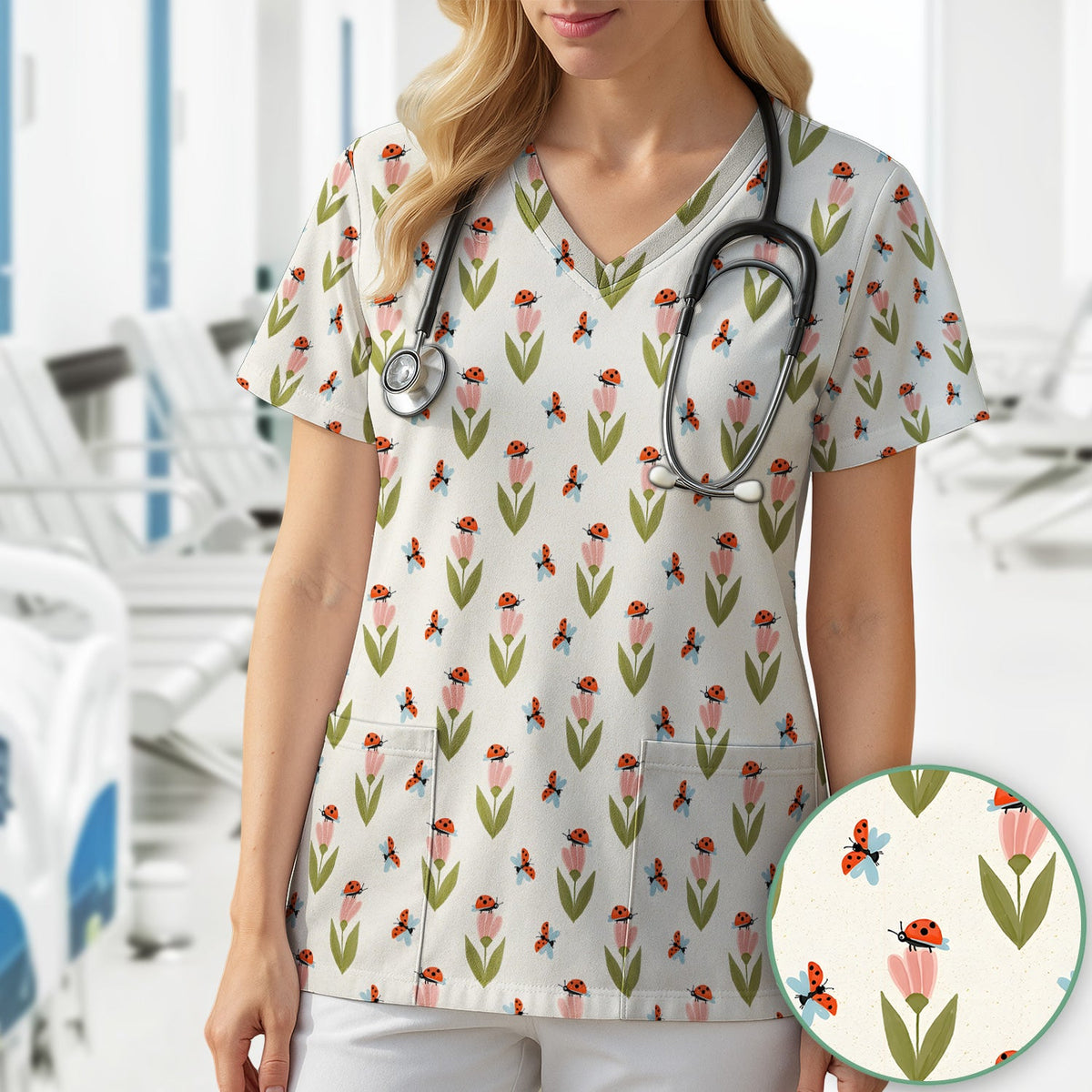 Ladybug Tulip Floral Nurse Scrub Top