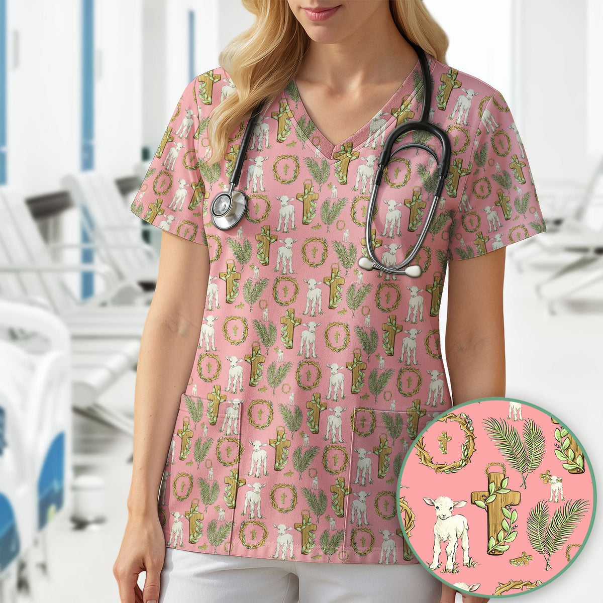 Faith Lamb Cross Nurse Scrub Top
