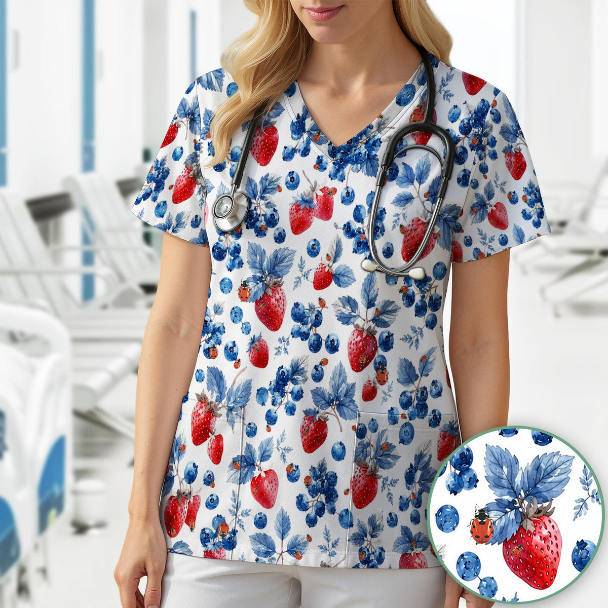 Strawberry Blueberry Ladybug Nurse Scrub Top