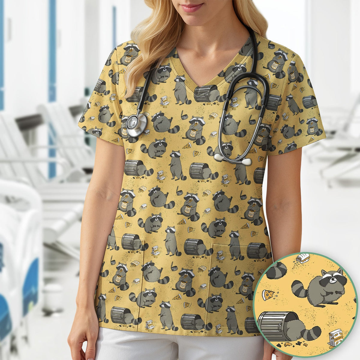 Raccoon Snack Trash Can Nurse Scrub Top