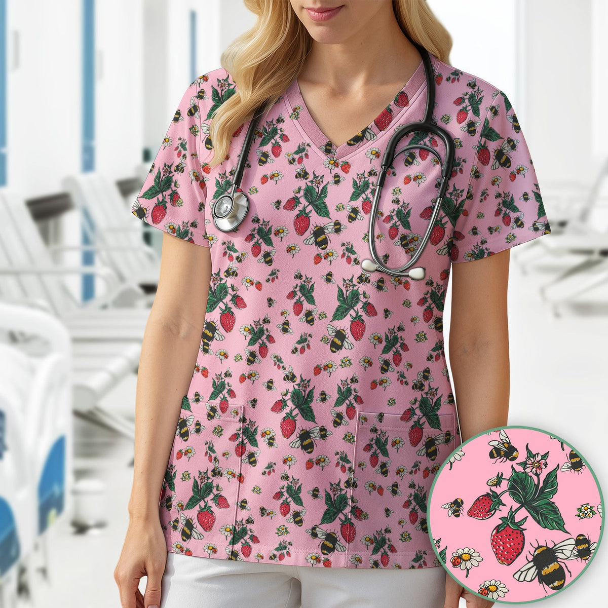 Strawberry Bee Daisy Nurse Scrub Top