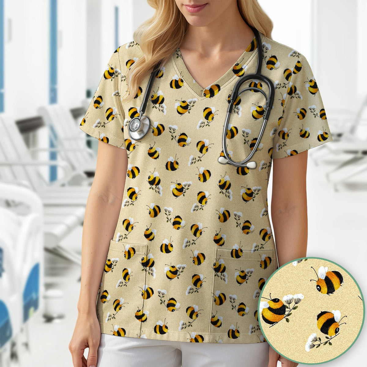 Cute Bumble Bee Blossom Nurse Scrub Top
