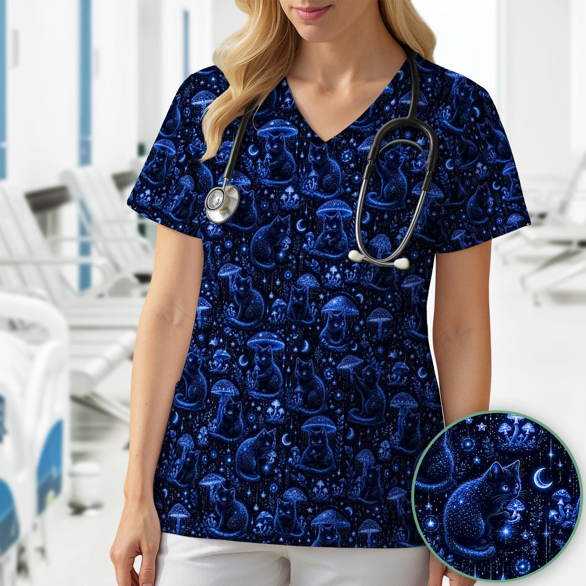 Celestial Black Cat Mushroom Nurse Scrub Top
