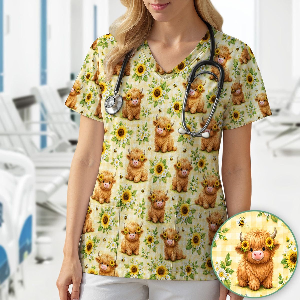 Sunflower Highland Cow Bee Nurse Scrub Top