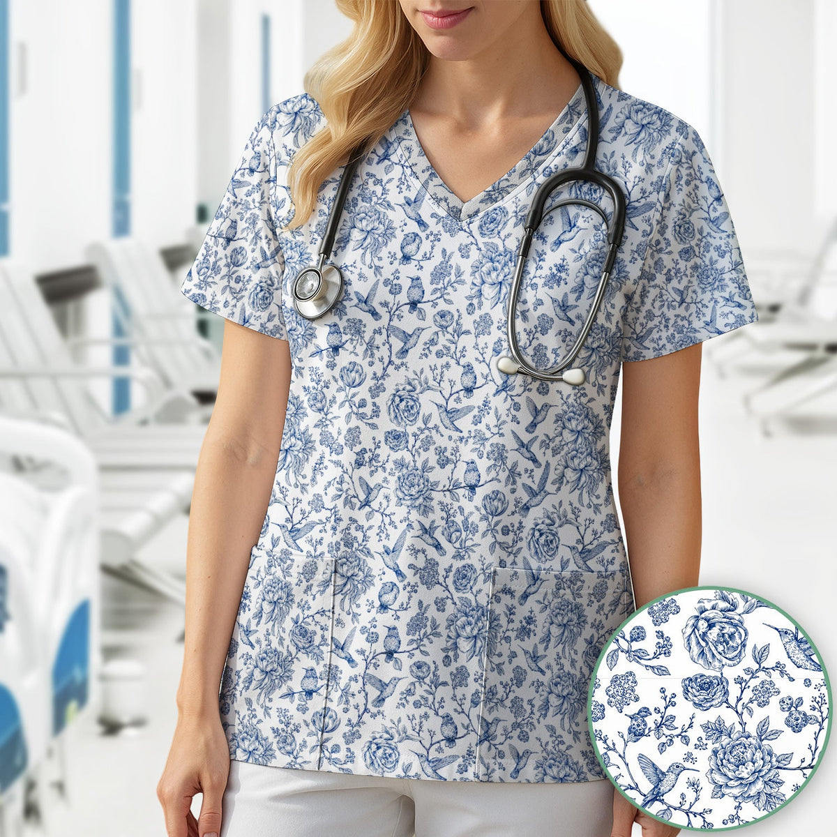 Blue Toile Hummingbird Floral Nurse Scrub Top