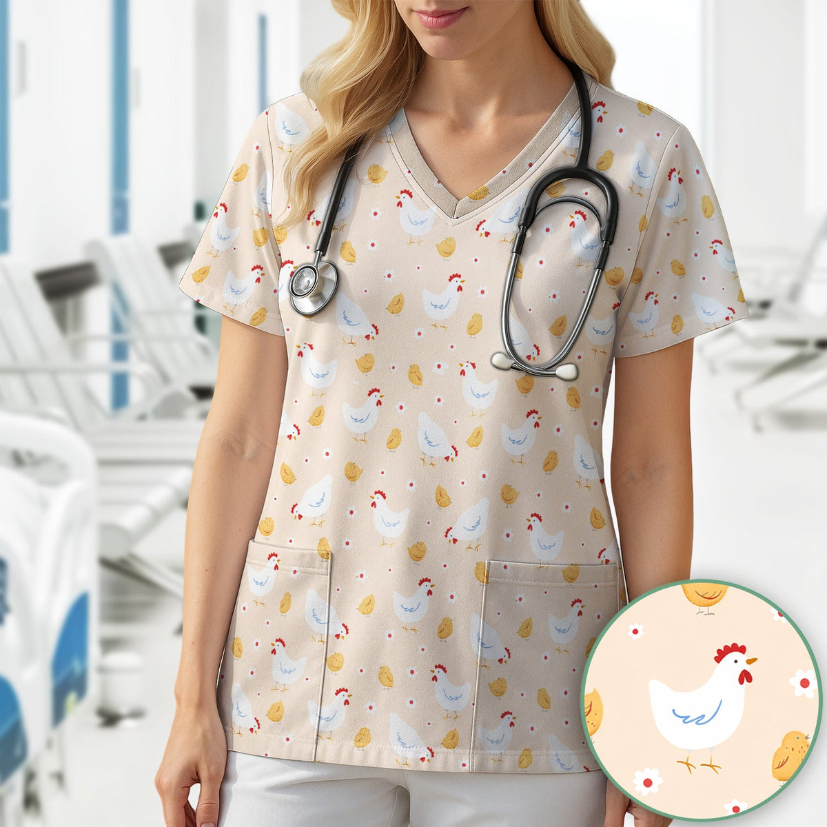 Chicken And Cute Chicks Nurse Scrub Top