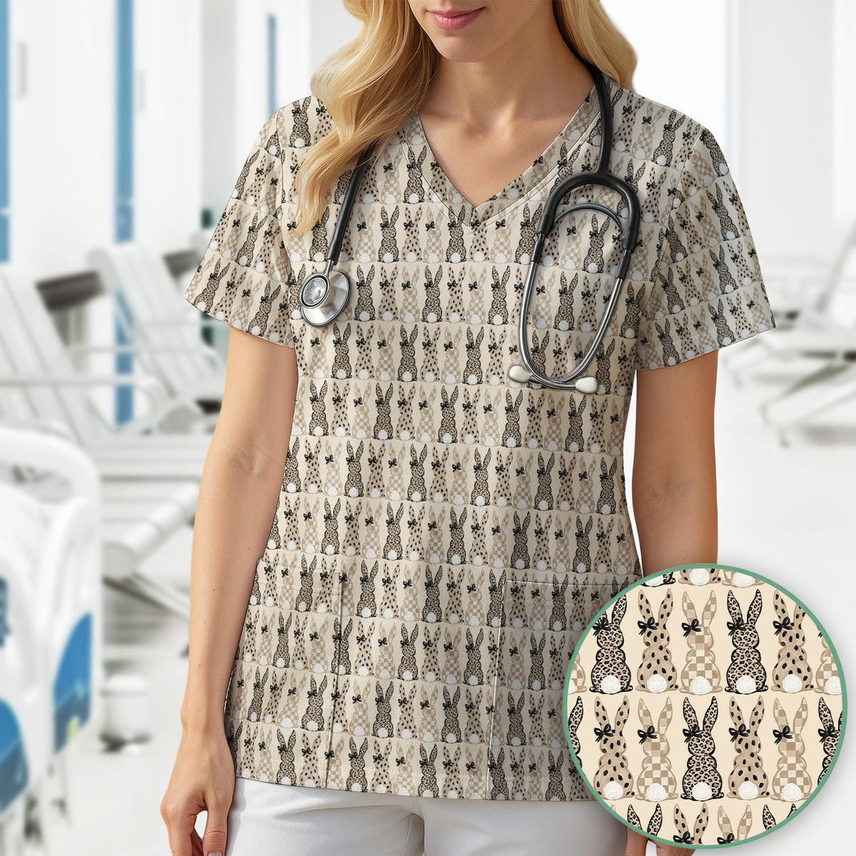 Vintage Bunny Beige Nurse Scrub Top