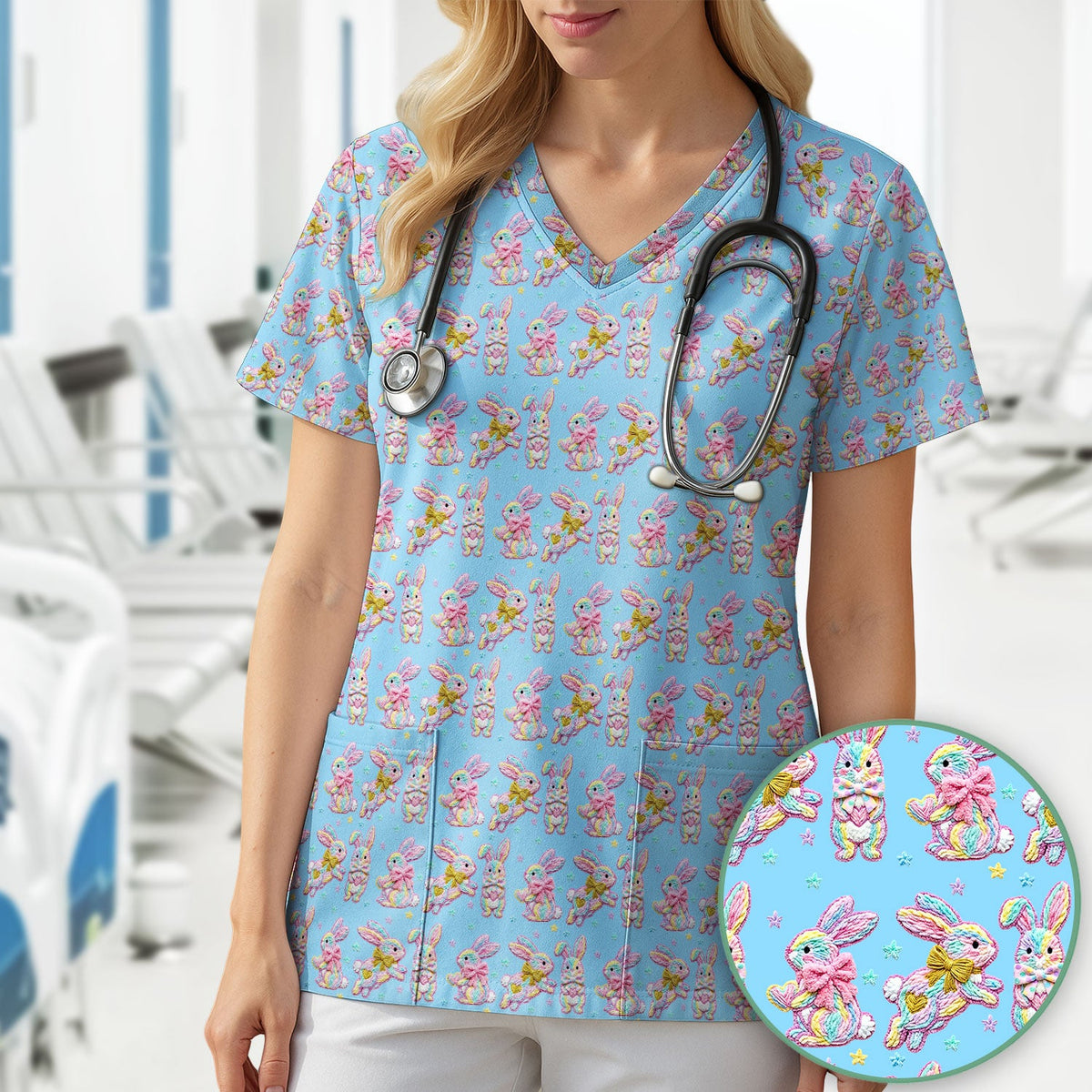Cartoon Bunny Nurse Scrub Top - Easter Gift