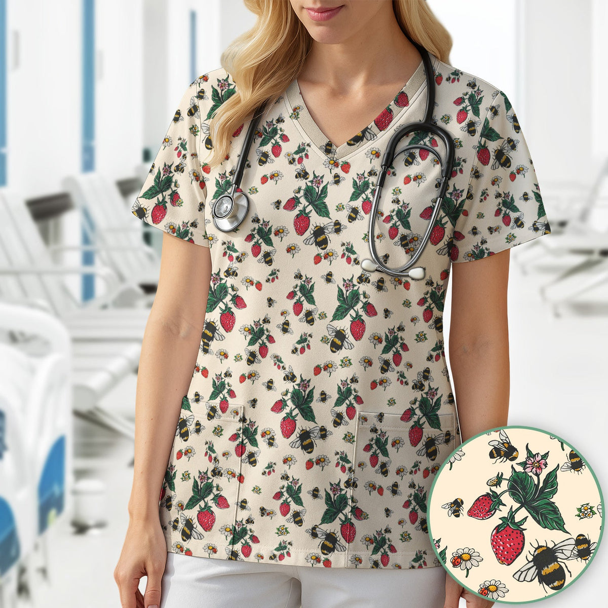Strawberry Bee Daisy Nurse Scrub Top