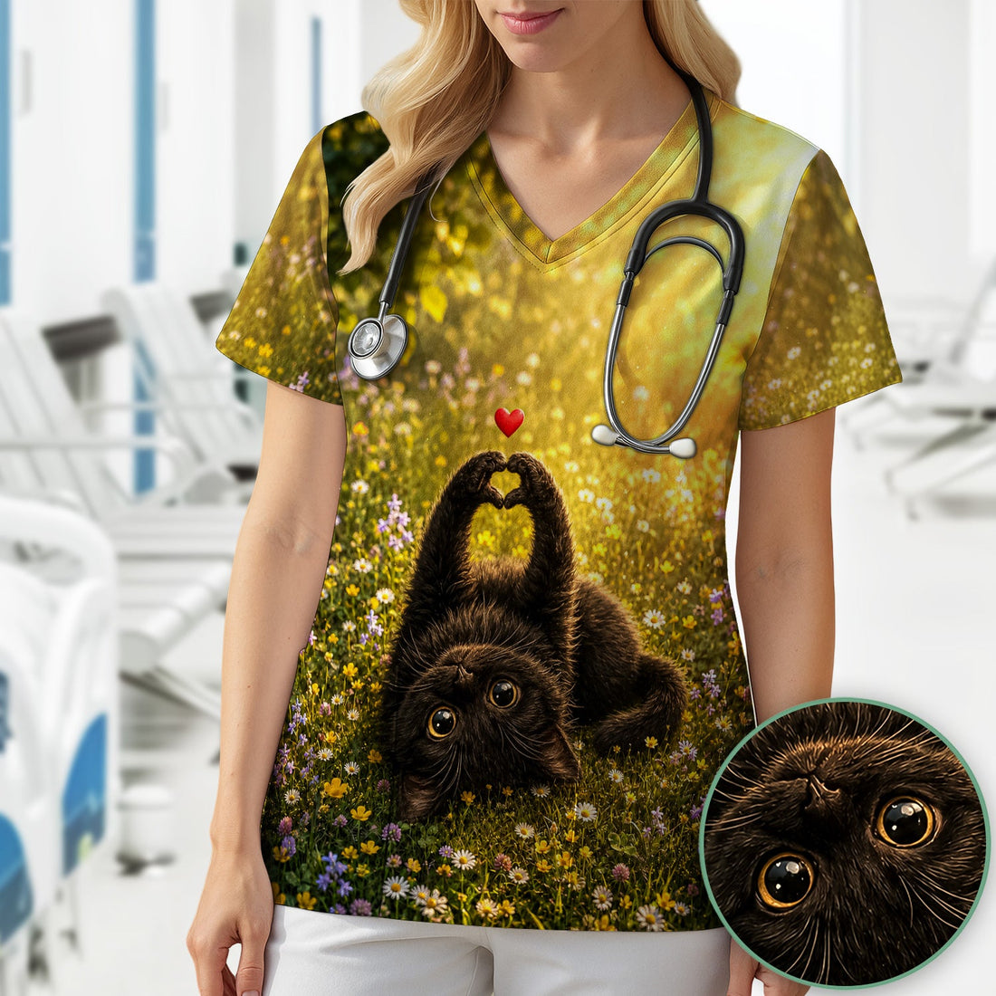 Upside Down Black Cat Meadow Nurse Scrub Top