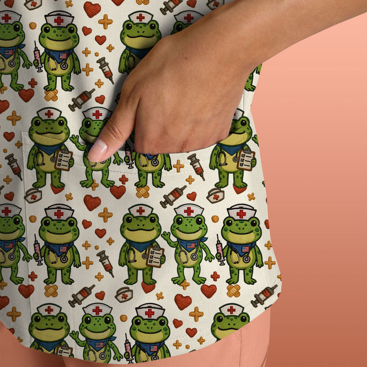 Frog Pattern Scrub Top, Cute Frog Scrub Shirt, Breathable Fabrics Nursing Uniform