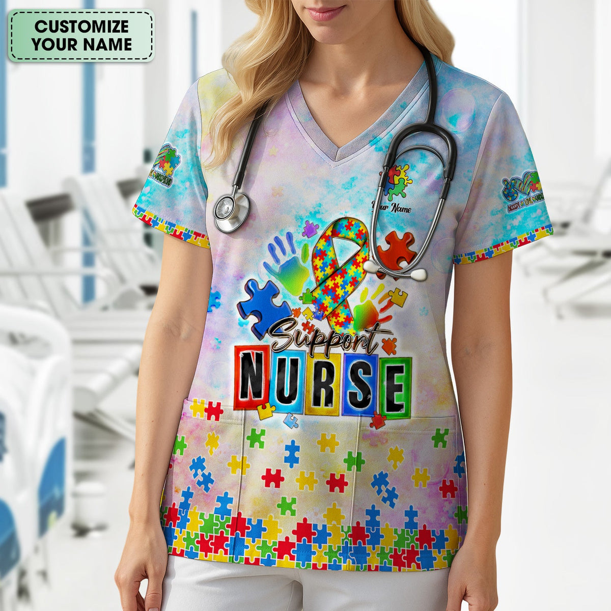 Personalized Autism Awareness Nurse Scrub Top