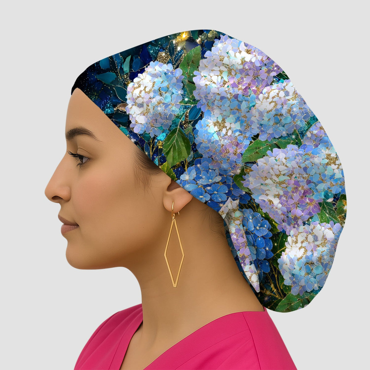 Blue Hydrangea Floral Scrub Cap
