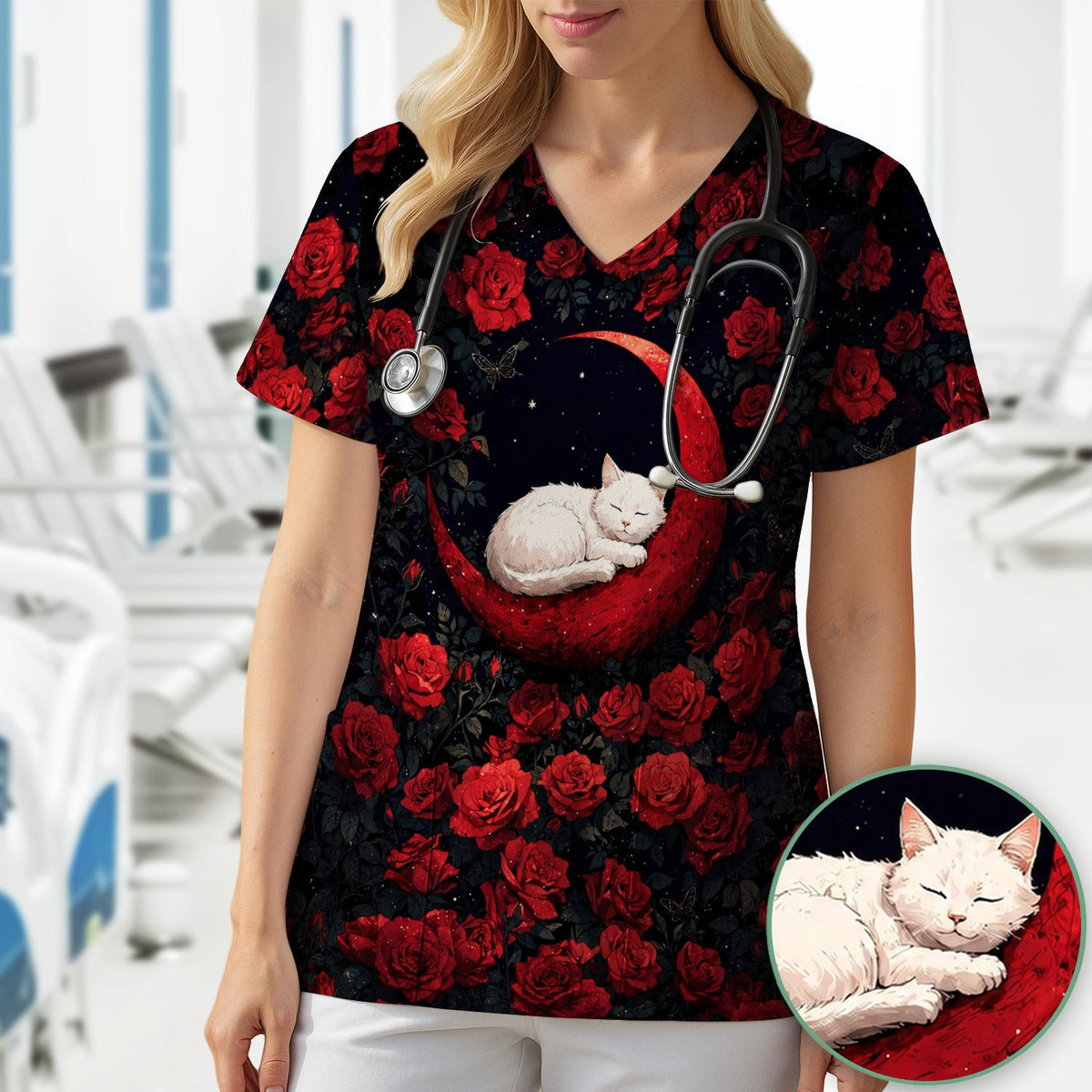 Gothic Red Moon Cat Nurse Scrub Top
