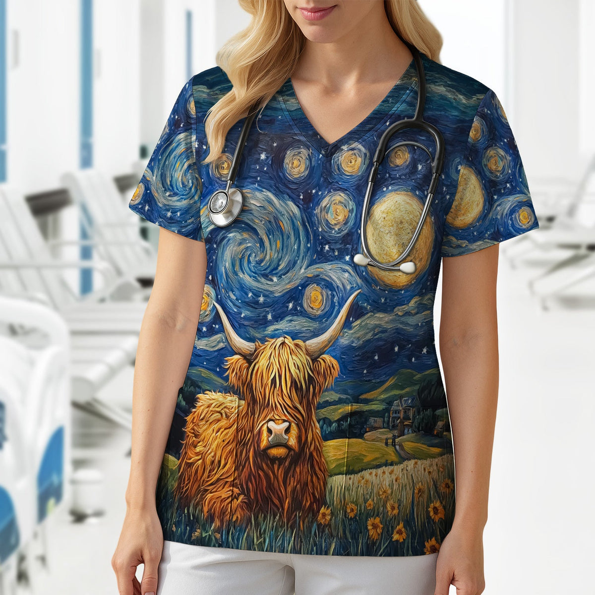 Artistic Highland Cow Starry Night Scene Pattern Scrub Top, Comfortable Scrubs for Nurses
