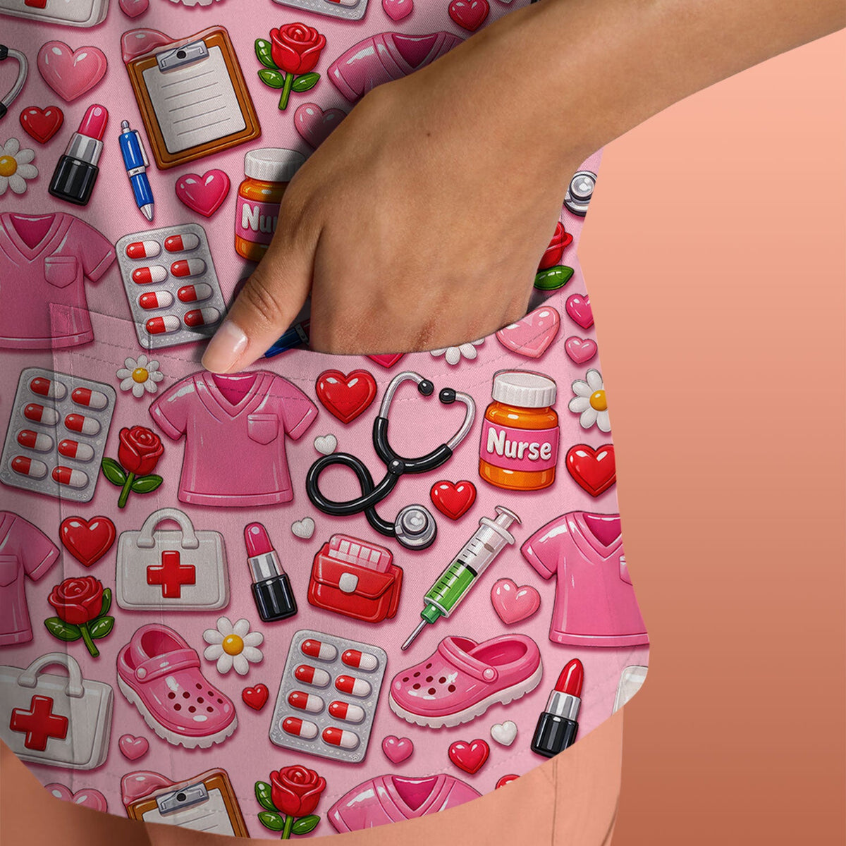 Medical Icons Scrub Top, Cute Pattern Nurse Shirt, Breathable Fabrics Nursing Uniform