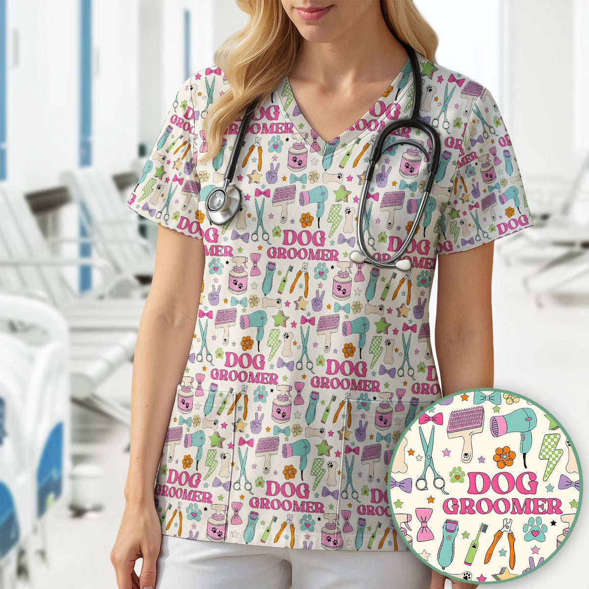 Dog Groomer Tools Nurse Scrub Top