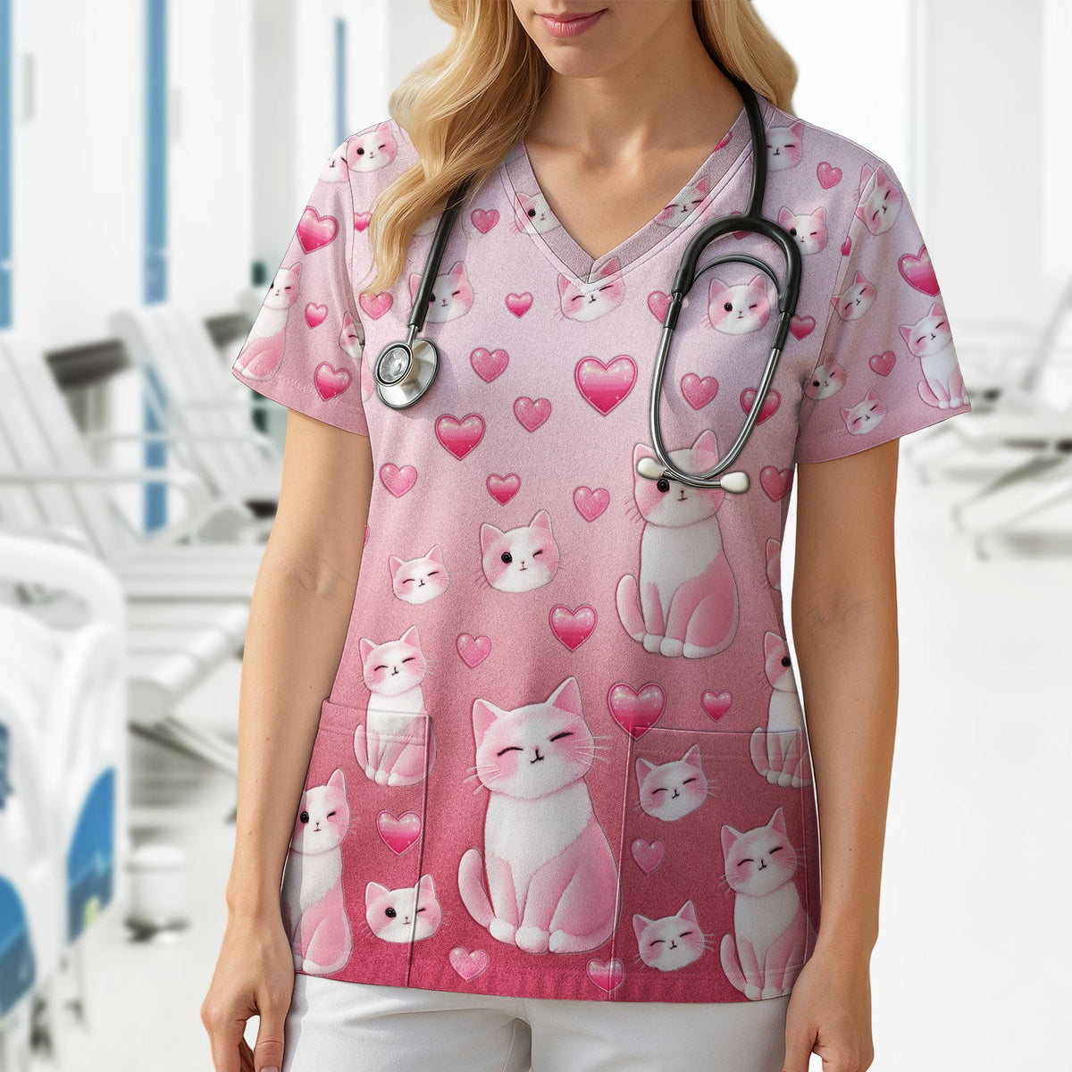 Valentine Cat Heart Nurse Scrub Top