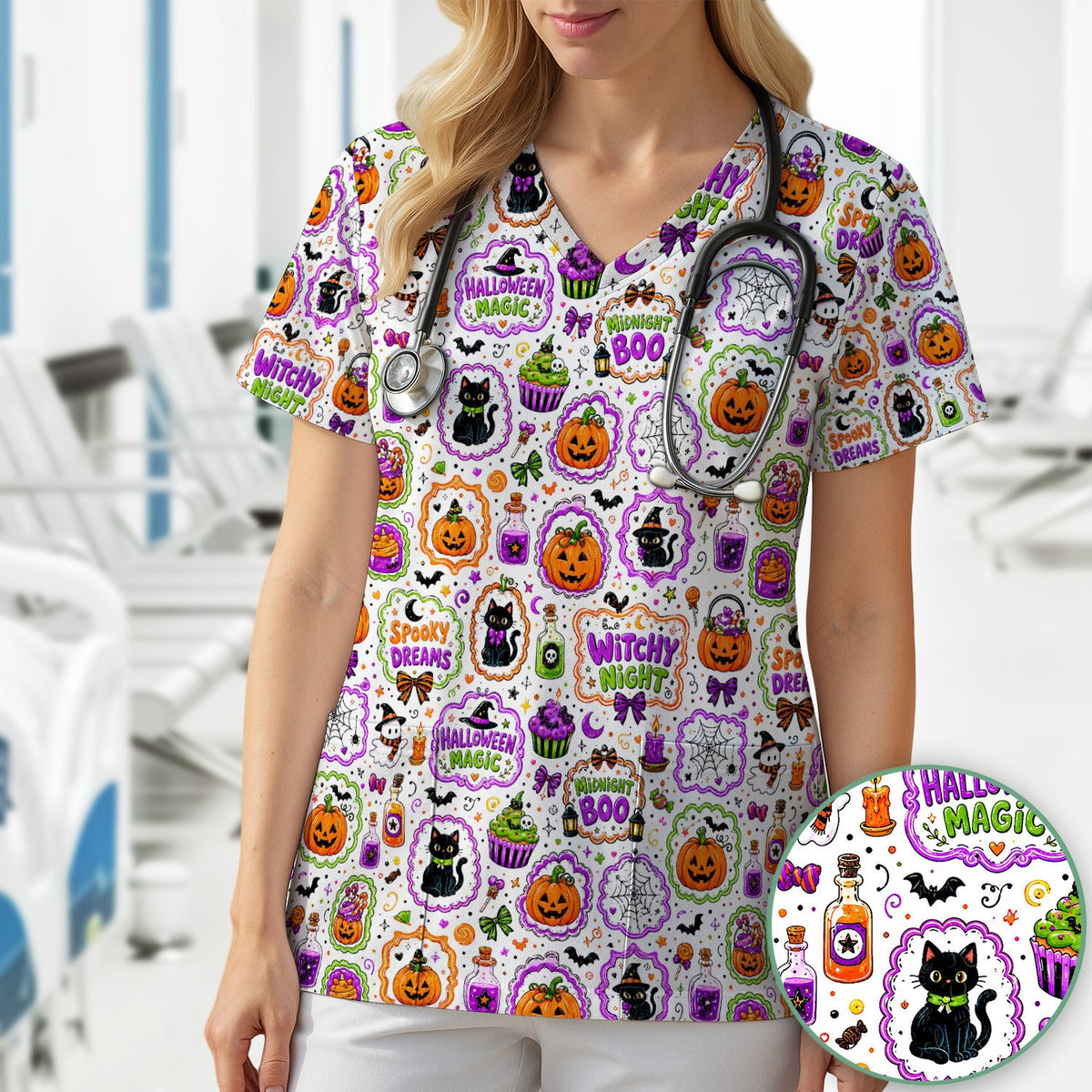 Halloween Black Cats Pumpkins Nurse Scrub Top