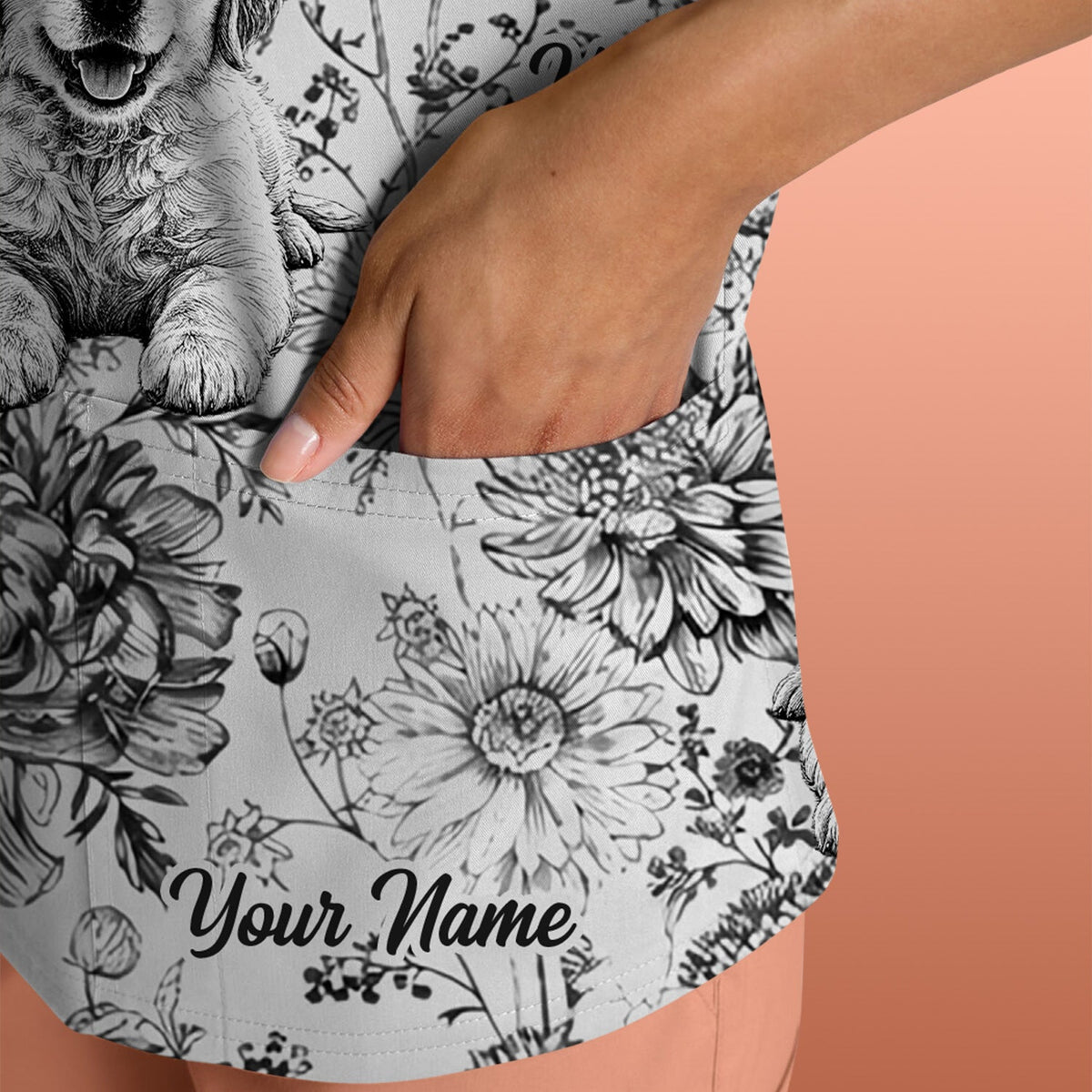 Personalized Pet Photo Floral Nurse Scrub Top