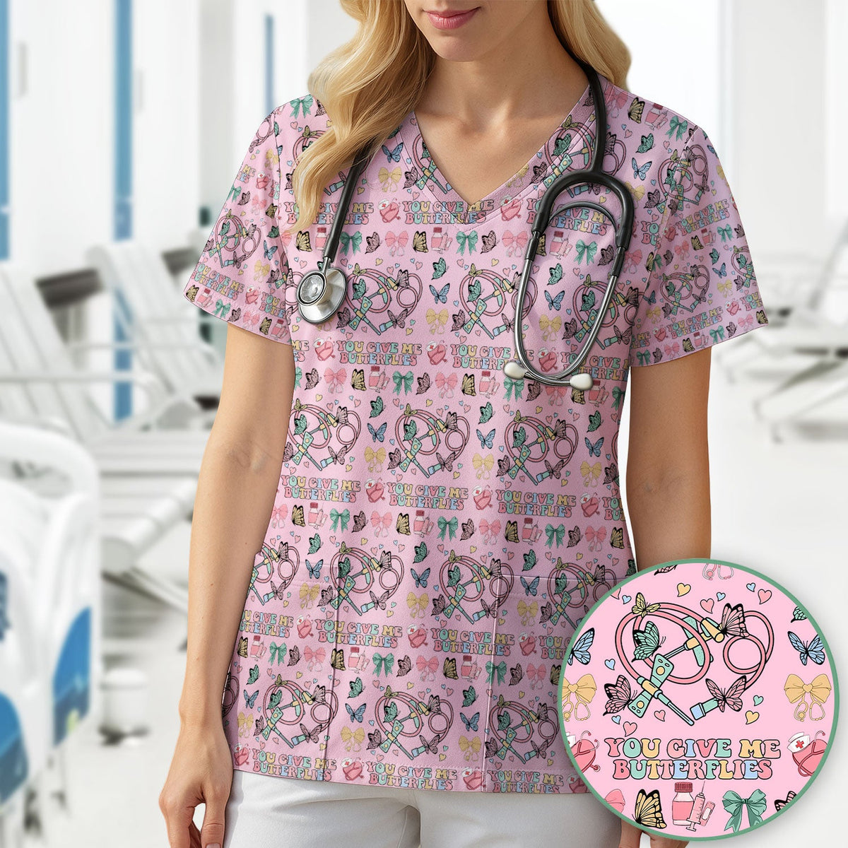 Butterfly Heart Nurse Scrub Top - Valentines Day Gift