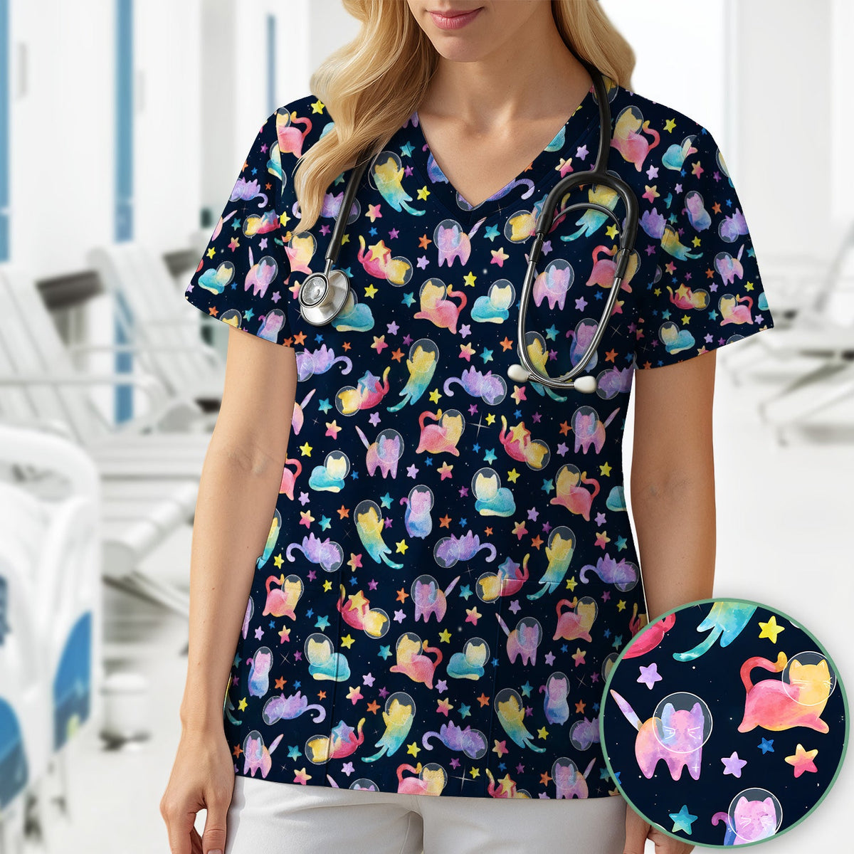 Space Cat Veterinary Nurse Scrub Top
