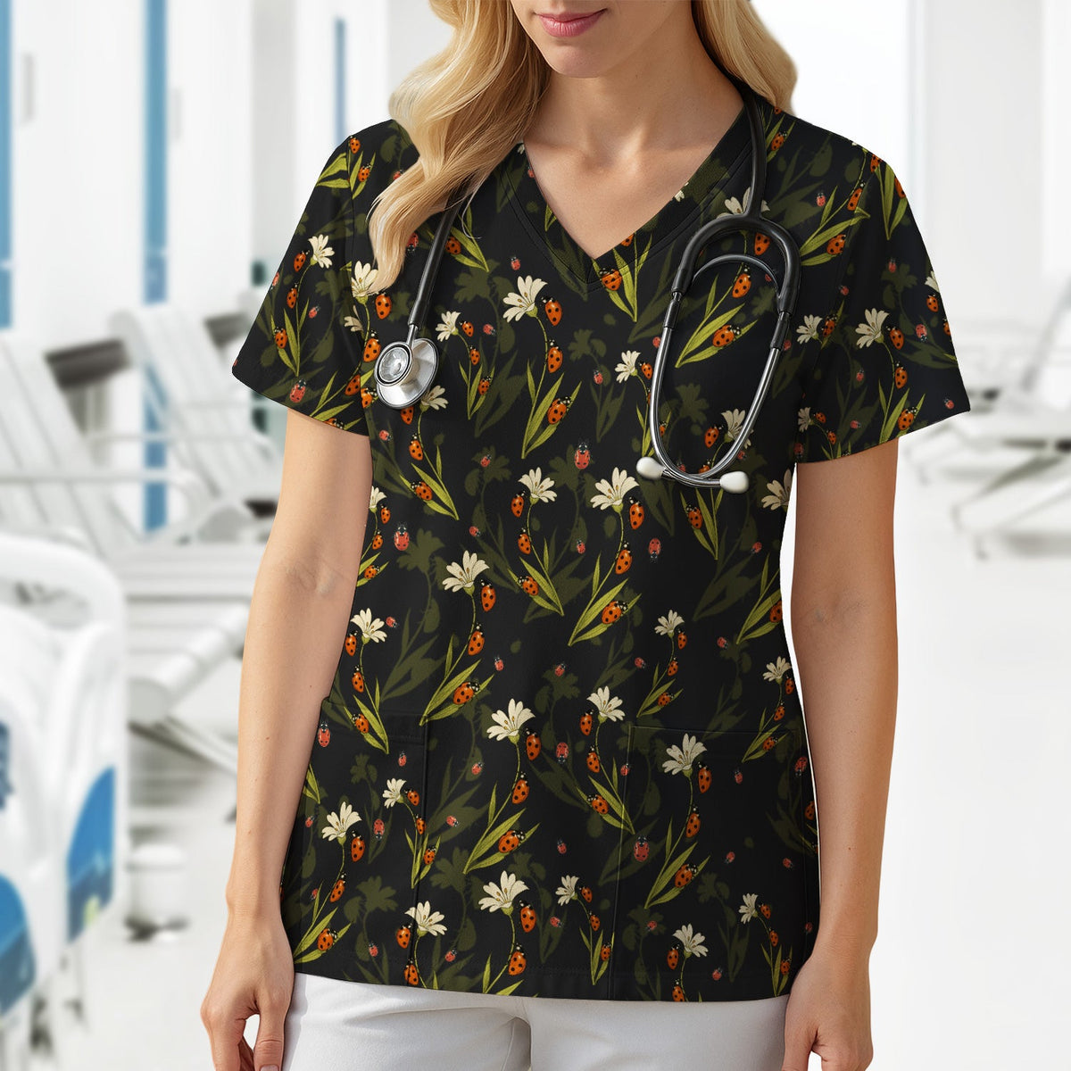 Fresh Daisy Ladybug Garden Nurse Scrub Top
