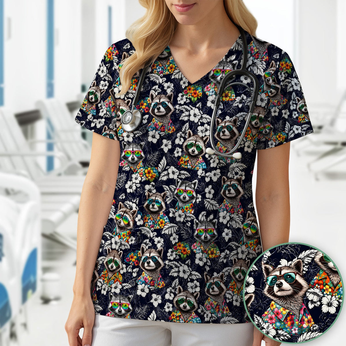 Tropical Raccoon Floral Nurse Scrub Top