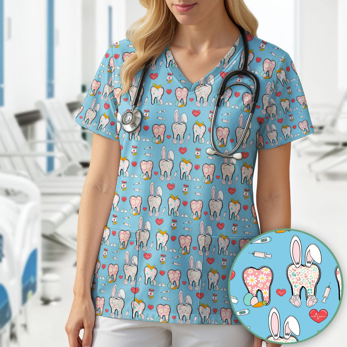Easter Bunny Dentist Nurse Scrub Top